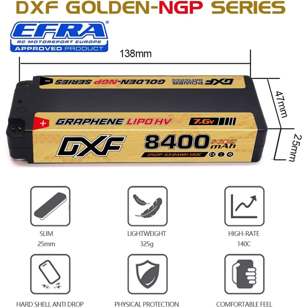 Unleash the power of DXF DXF 2-Piece 2S 7.6V 8400mAh 140C 5mm LCG Hard Cable LiPo Battery for RC Cars. Includes 5mm bullets. High-performance lithium