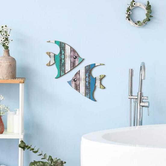 2 szt./zestaw Drewniana dekoracja ścienna z rybami Nadmorska sztuka ścienna z rybami Rustykalny nadmorski drewniany panel artystyczny do domu, łazienki, domu na plaży