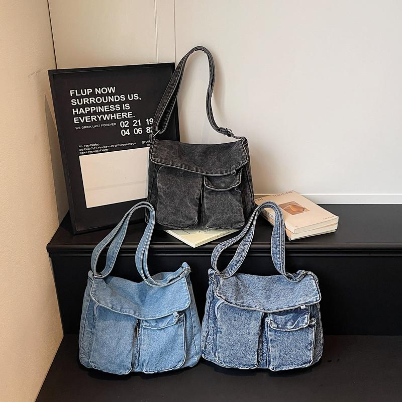 Multi-Pocket Denim Bag Large Capacity Retro Commuter Shoulder Bag