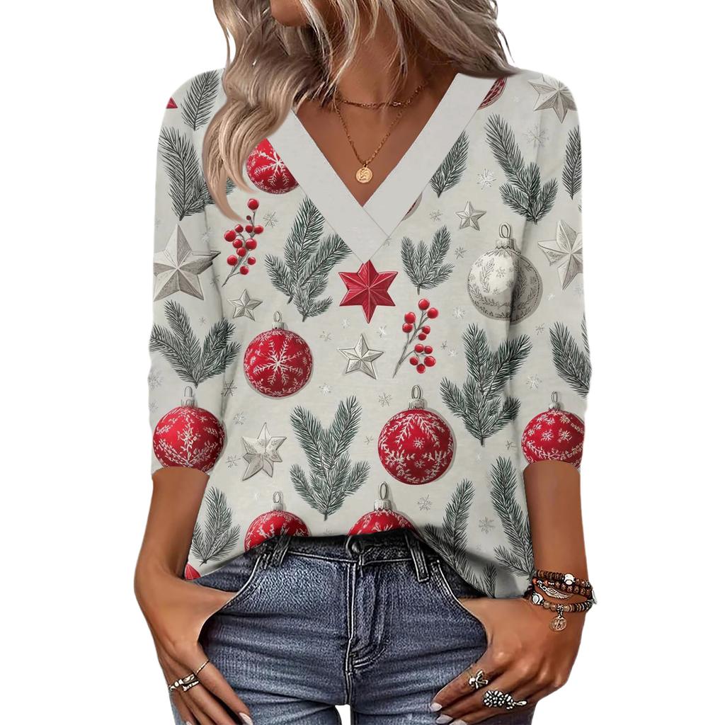 Women's Loose Comfortable Casual Fashion V-Neck Christmas Print 3/4 Sleeve Top