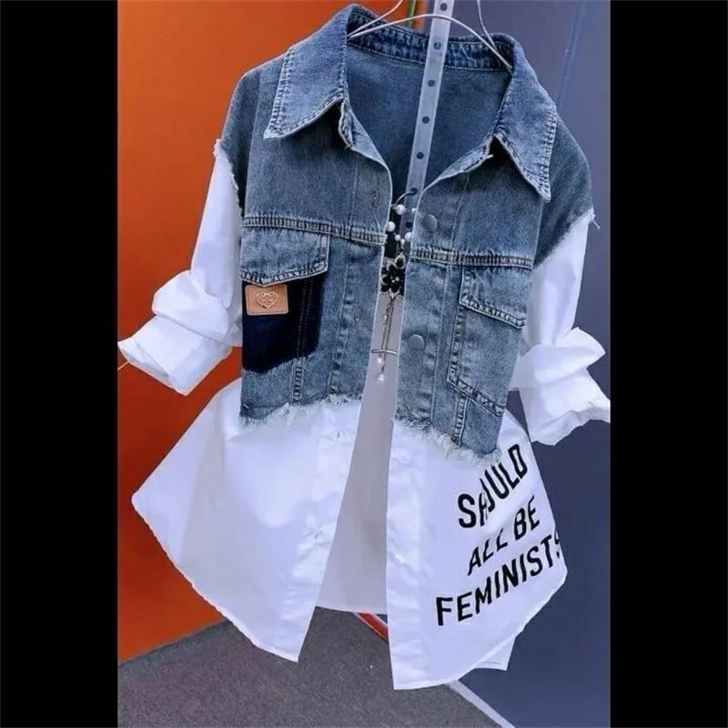 

Женская джинсовая куртка Fake Two Denim Shirts Весна Осень Повседневная мода Joker Stitching Striped Tops Coat Female L