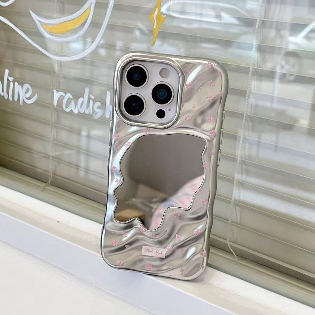 Pink floral electroplated wave mirror is suitable for Apple 17/15/iphone13pro Huawei makeup mirror mobile phone case.