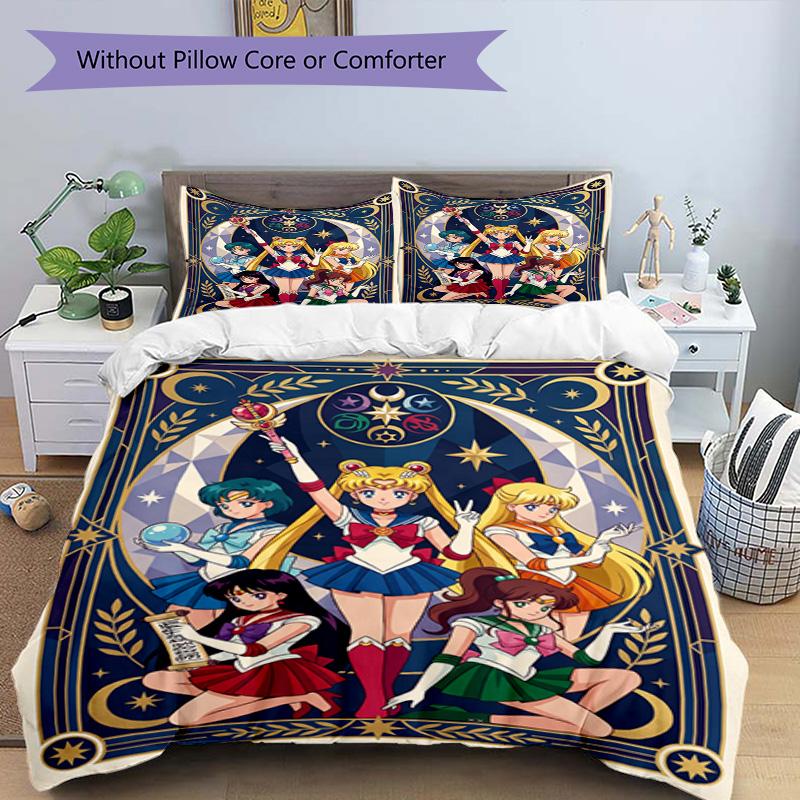 3'lü Nevresim Takımı (1*Nevresim Kılıfı + 2*Yastık Kılıfı, Çekirdeksiz), Sailor Moon Baskılı Nevresim Takımı, Yatak Odası Dekorasyonu, Dört Mevsim, Doğum Günü Hediyesi