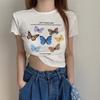 Butterfly Print T Shirt Women Fashion Tops Casual Short Sleeve O Neck Exposed Navel T Shirts