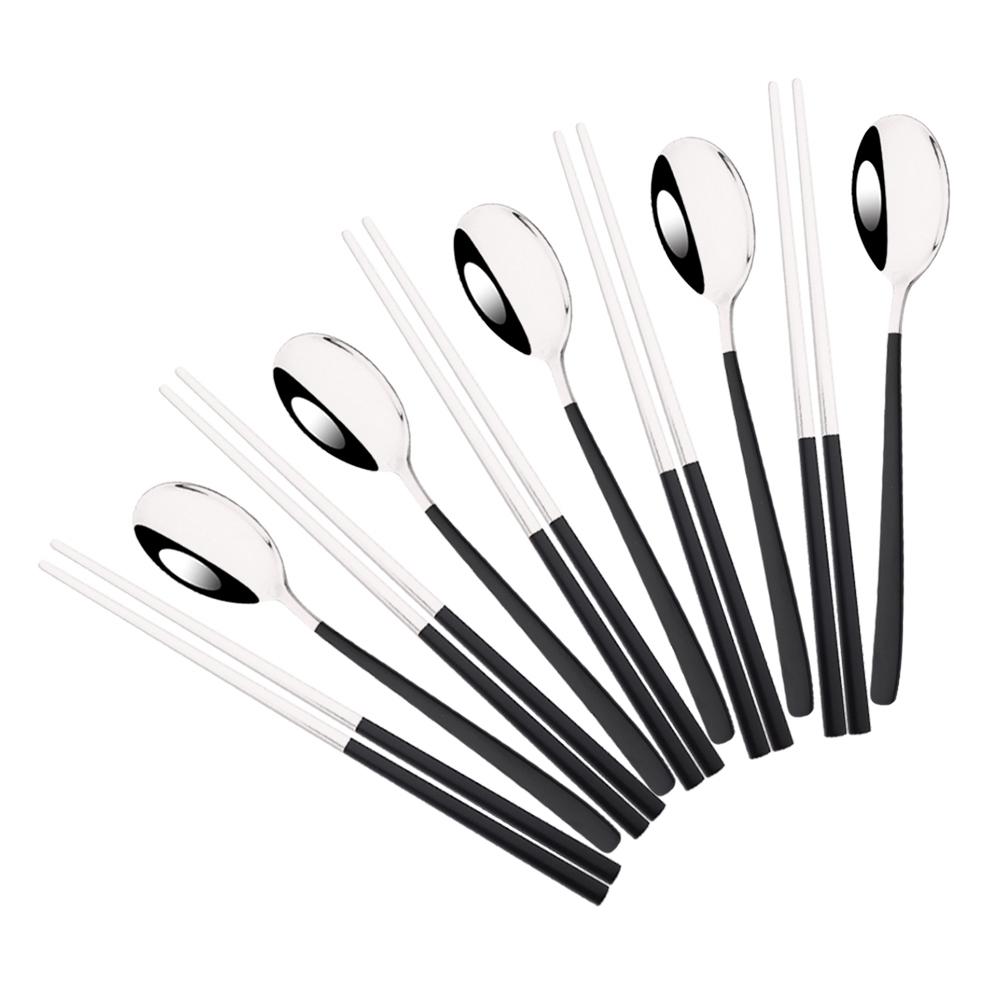 5Set Black Gold Portable Travel Cutlery Set Chopsticks Spoon 304 Stainless Steel Korean Dinnerware Set Luxury Tableware Set
