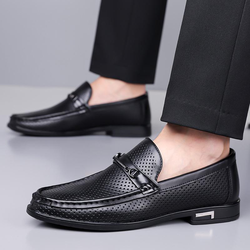 Fashionable Hollow Out Top Layer Cowhide Men's Slip-On Loafers Leisure Rubber Bottom Adult Sandals Comfortable Breathable Shoes