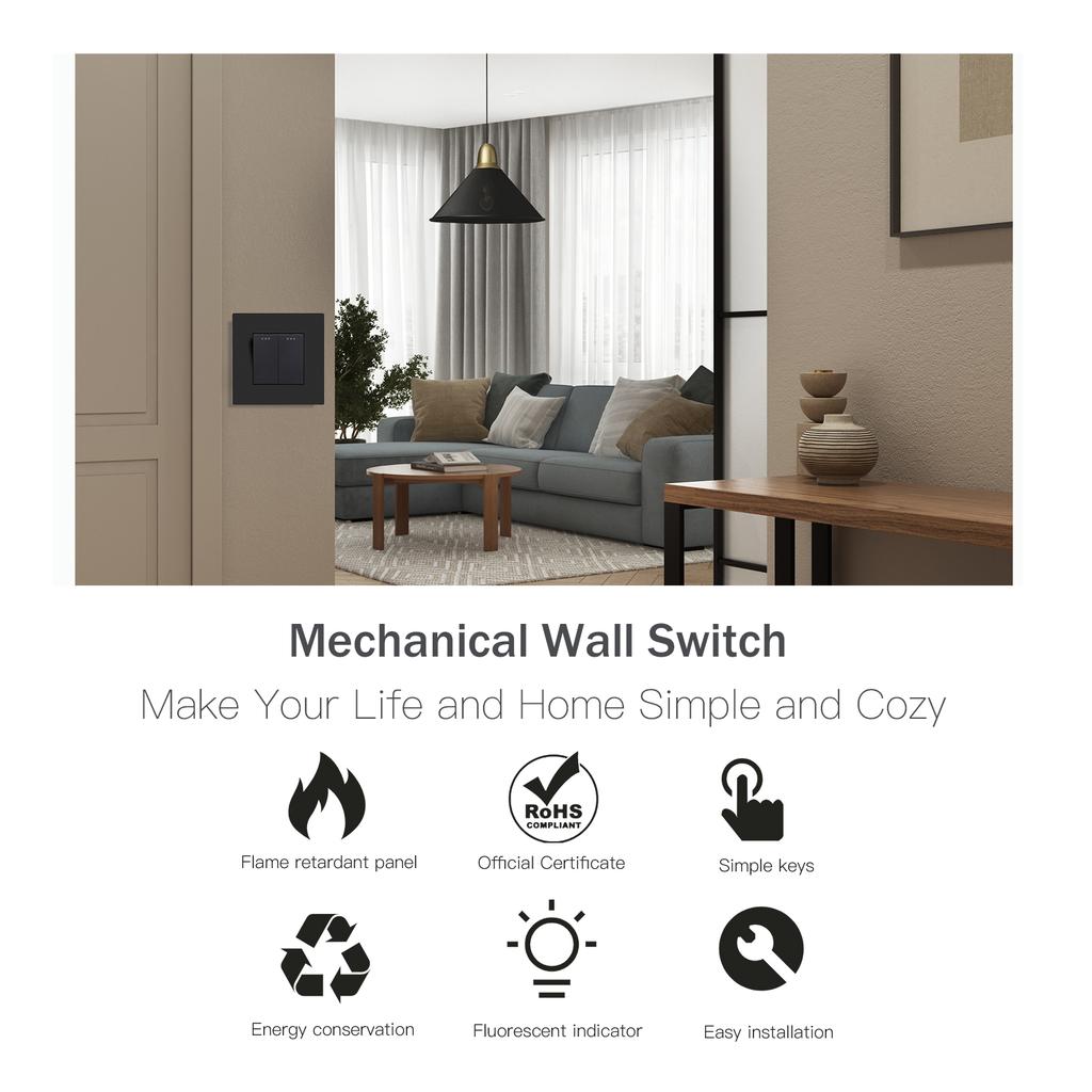 BSEED 1/2/3Gang Mechanical Button Switches 2Way For Stairs Plus EU Sockets USB Type-c Power Ports Matte Plastic Frames Black