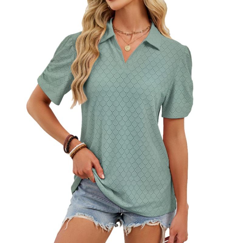 European and American cross-border foreign trade women's summer new V-neck T-shirt puff sleeve loose POLO shirt top