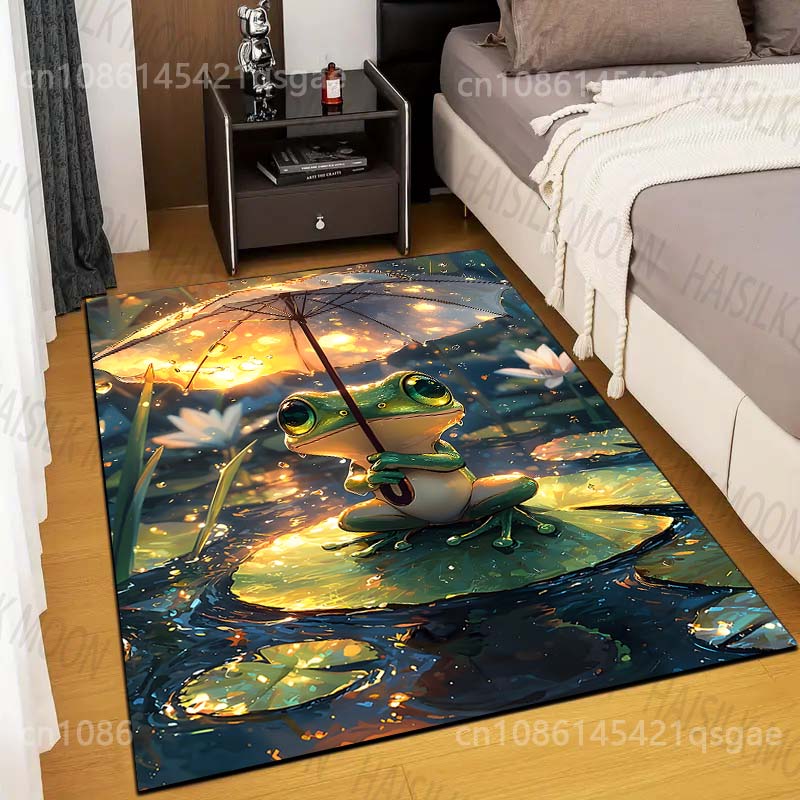Multiple Sizes Frog with Umbrella On Lily Pad Print Carpet Rug for Living Room Bedroom Sofa Doormat Home Decor Non-slip Mat