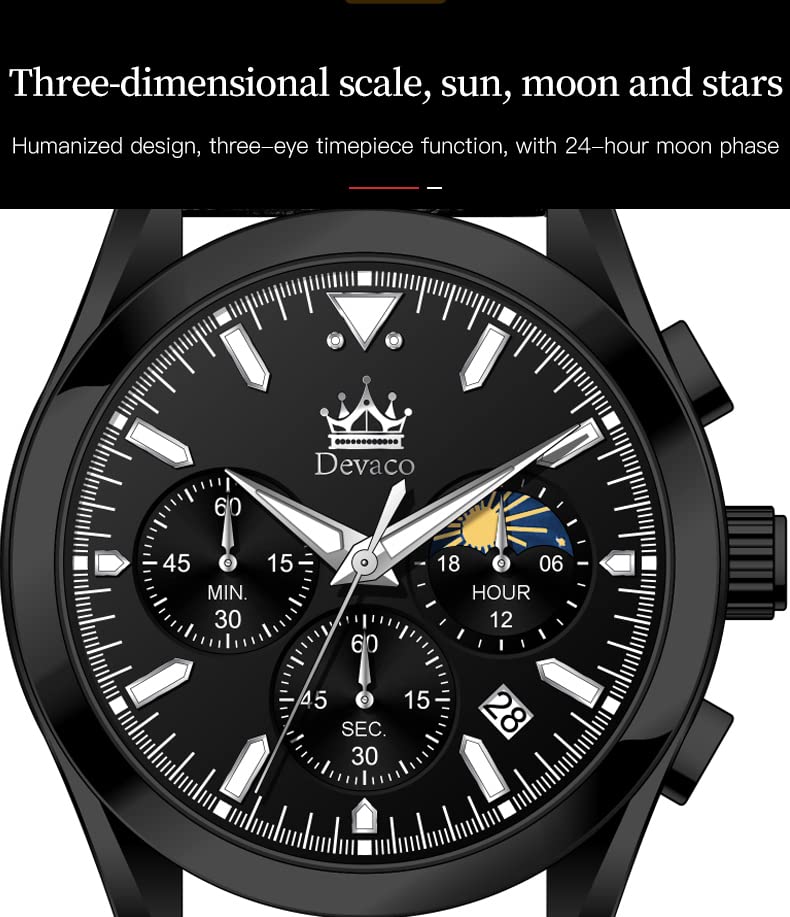 Men's Business Watch with Leather Band, Stylish Waterproof Watch with Calendar Display and Luminous Function, Perfect Gift for Men (Black 2)