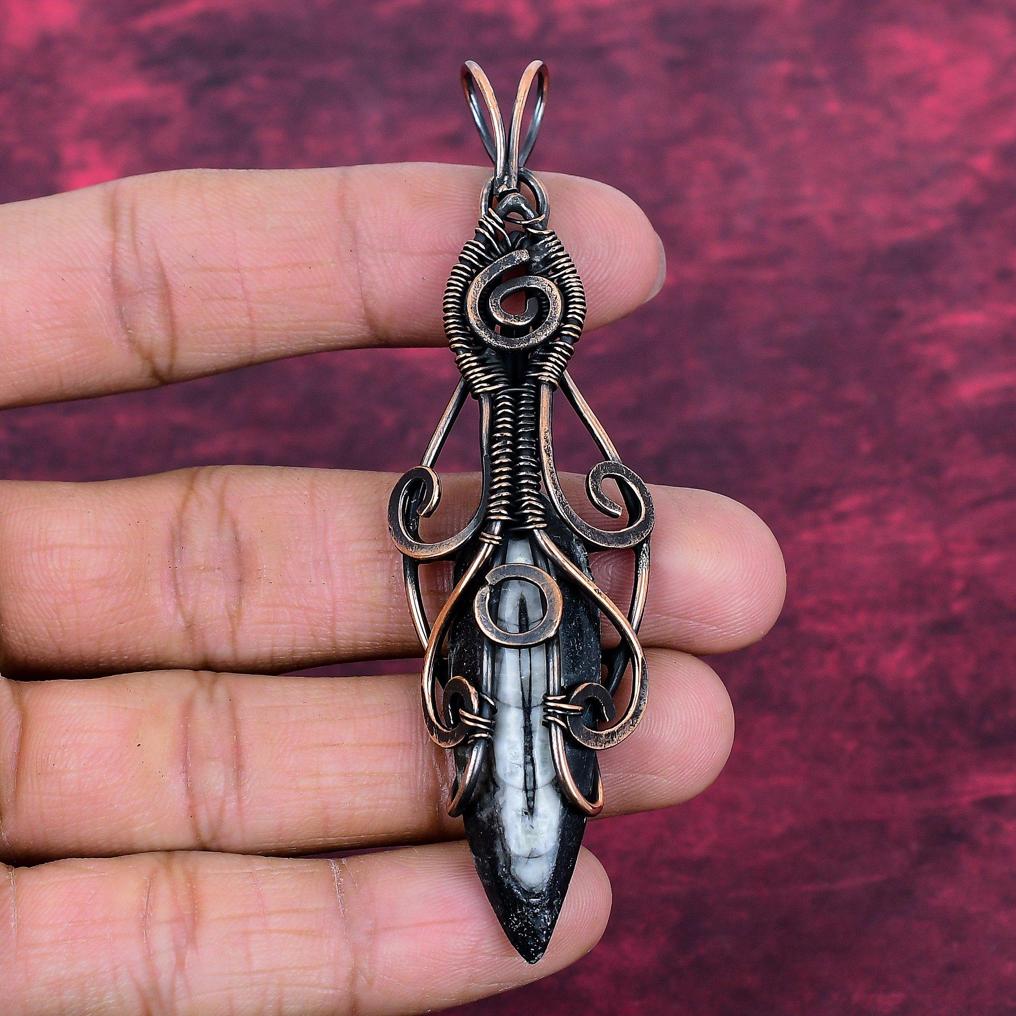 Orthoceras Fossil Gemstone Pendant Handmade Jewelry Copper Wire Wrapped Pendant