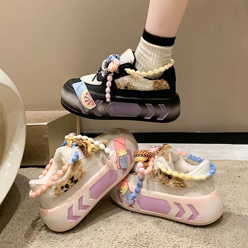 Fashion Designer Cute Kawaii Dad Shoes for Women Girls Platform Vulcanized Shoes Ladies Colorful Round Head Casual Fur Warm Shoes Winter
