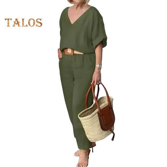 

2 шт./компл., блузка, комплект брюк, топ с v-образным вырезом и длинными рукавами, широкие брюки, свободные брюки с эластичной резинкой на талии, повседневная домашняя одежда для поездок на работу, наряд M