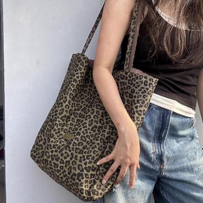 Commuter Canvas Bag for Women's New Japanese Style Slack Leopard Print Double-sided Tote Bag College Style Large Capacity Shoulder Bag