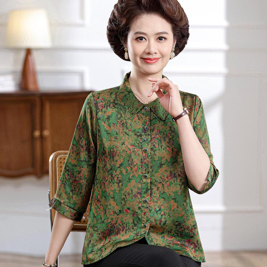 Elegant Floral Print Top with 3/4 Sleeves for Middle-Aged and Elderly Women