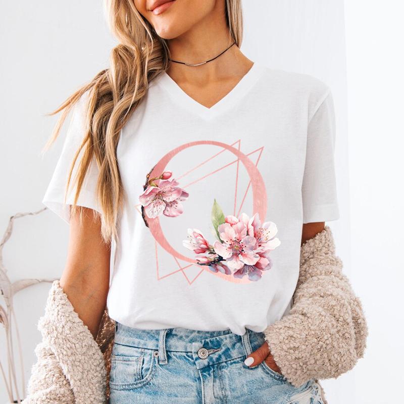 AZ 26 Alphabet Unisexs VNeck TShirt Pink Sakura Letter B Graphic T Shirts Unisex Letters ABCD Casual Tees Fashion Y2K Tops