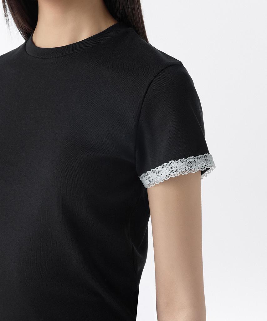 MUSINSA STANDARD WOMAN Women'S Slim Lace Trim T-Shirt [Black/White]