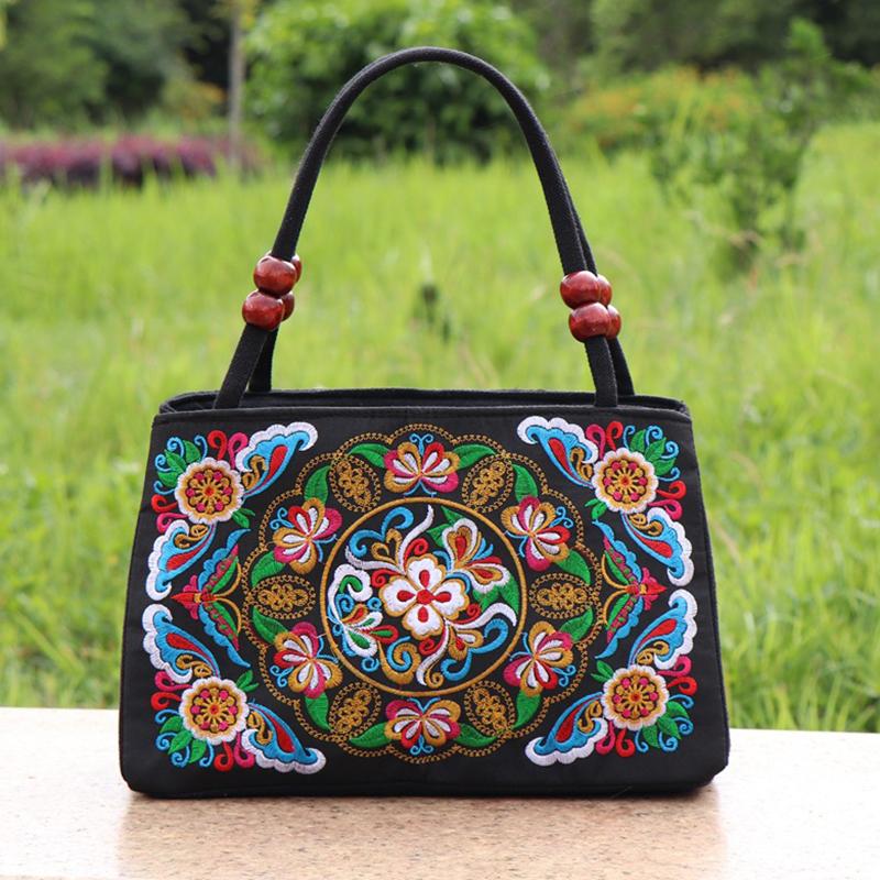 Ethnic style double-sided embroidered double-layer canvas bag middle-aged and elderly women's square bag