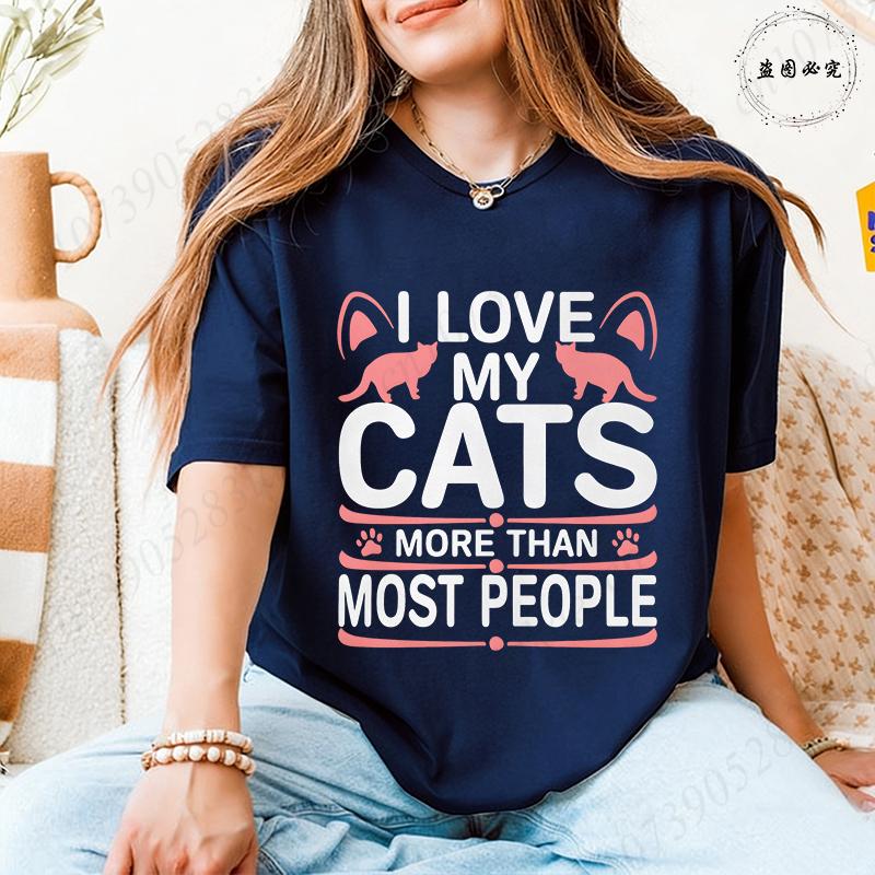 I Love My Cats More Than Most People T-Shirt for Women, Pink Cat Ear & Paw Print Graphic Tee, Harajuku Short Sleeve O Neck Tops