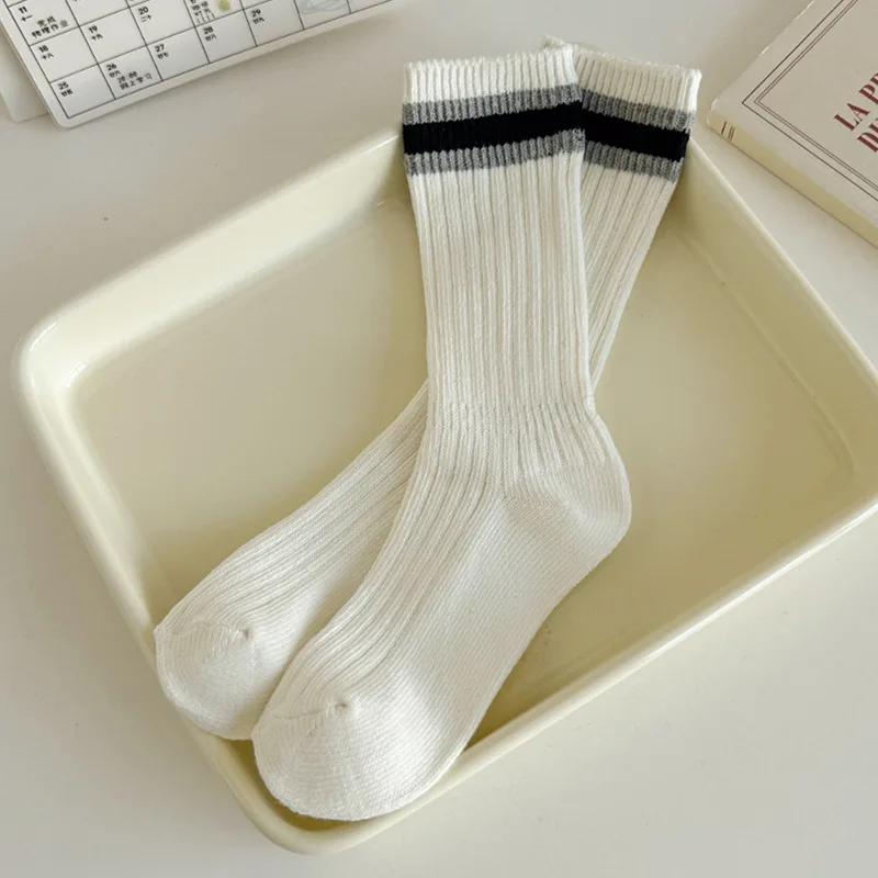 New Socks Women Autumn and Winter Cotton Knitted Elastic Long Socks Japanese Fashion Striped Harajuku Retro Streetwear Crew Sock