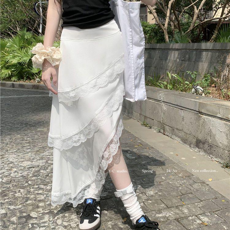 White Lace Trim Midi Skirt for Women - Summer Asymmetric Hem Tiered Cake Skirt with Ruffle Details