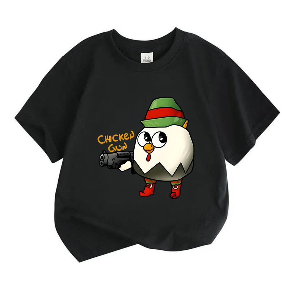 Kids Boys Girls 100% Cotton Crew Neck Short Sleeve T-Shirt, Cute Chicken with Gun Elf Pattern Casual Soft Breathable Summer Tee for Children Daily Wea