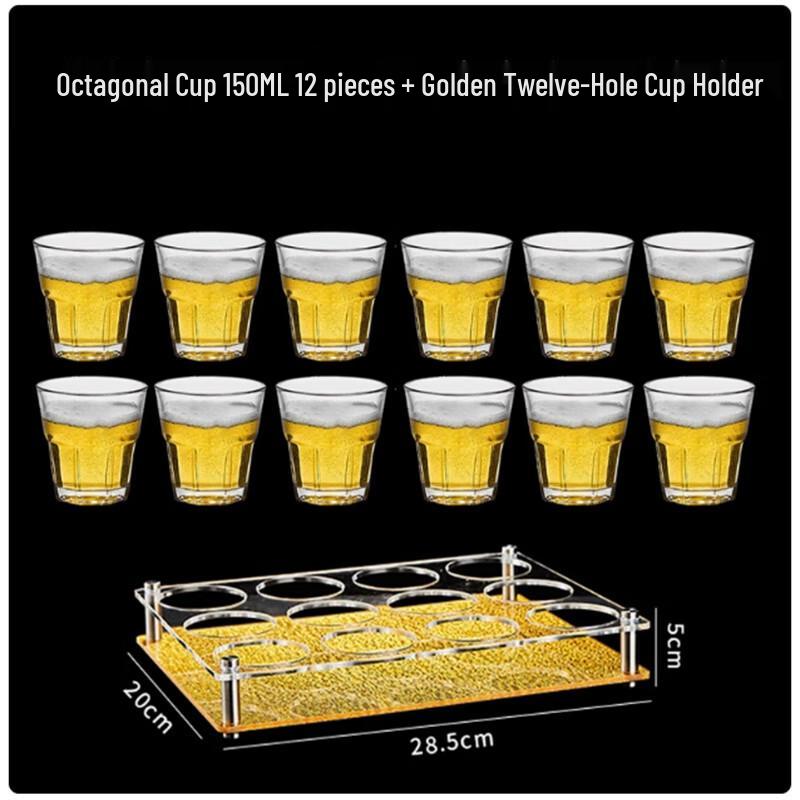 Langxi Octagonal Glass Beer Mug Set with Gold Rack