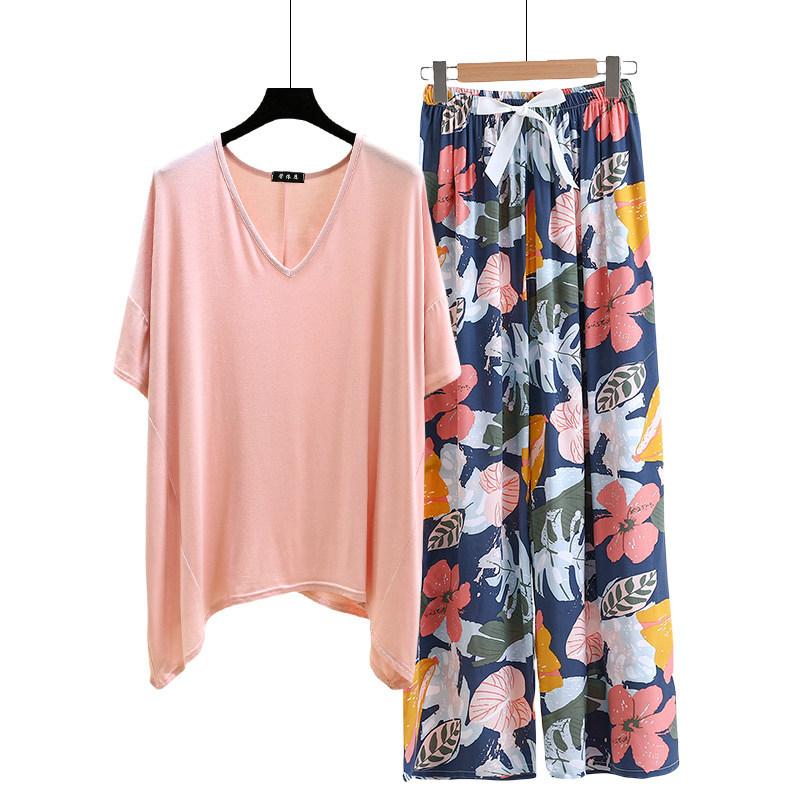 irregular Tshirt and floral wide leg pants summer women's casual pajamas sets Short sleeve homewear suit Loose lightweight Loungwear Plus size