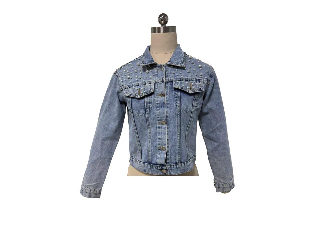 2025 Oversizowana damska kurtka dżinsowa z haftowanymi perłowymi koralikami