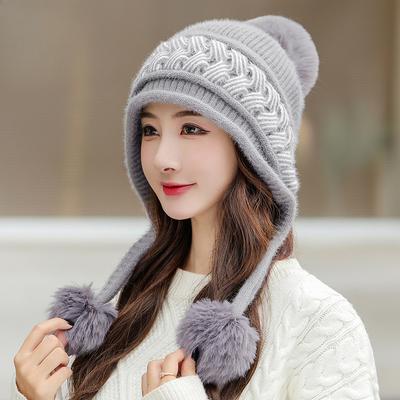 Knitted Hat for Women Color Matching Twisted Sanmao Ball Earmuffs Wool Hat Winter Versatile Casual Plus Velvet Warm Hat