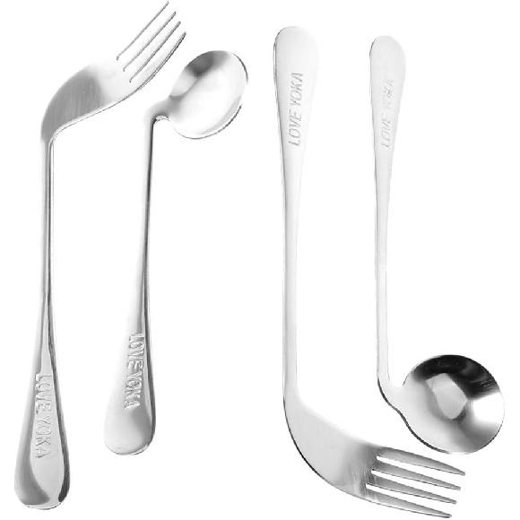 BESTonZON Curved Utensils Disabled, Utensils for Elderly, Adaptive Utensils with Curve, Curved Spoon and Fork, Utensils Curved Flatware Self Feeding