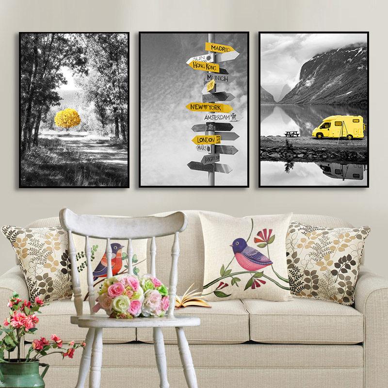 Black and White Scenery Decor Picture Nordic Canvas Painting Home Yellow Decor Wall Art Poster and Print for Living Room Design