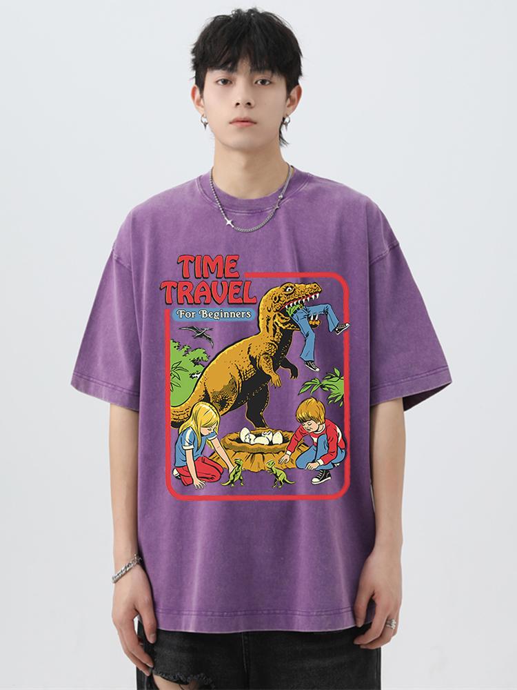 Stealing Dinosaur Baby Caught Washed Retro T Shirt Men Fashion Clothing Cotton Summer Casual Tops Hip Hop Loose Cotton T-Shirt