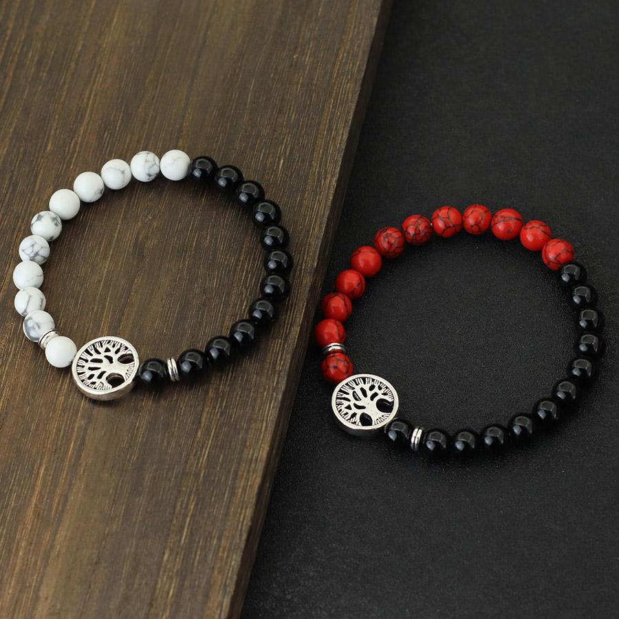 Neues Mode-Lebensbaum-Armband für Herren Zweifarbig Natürliche Tigeraugen Obsidianstein Armband Glücksbringer Roter Howlith Charm Armband Pulsera