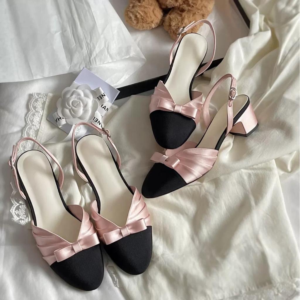 Sheepskin version~ French Xiaoxiangfeng bow bag head sandals thick heel back strap gentle temperament light mouth single shoes women