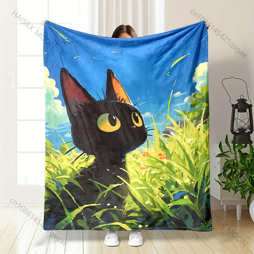 Black Cat Meadow Gazing Blue Sky Sunlight Print Blanket Warm Soft Fluffy S Adult Sofa Bed Throw Outdoor Travel Camping RV