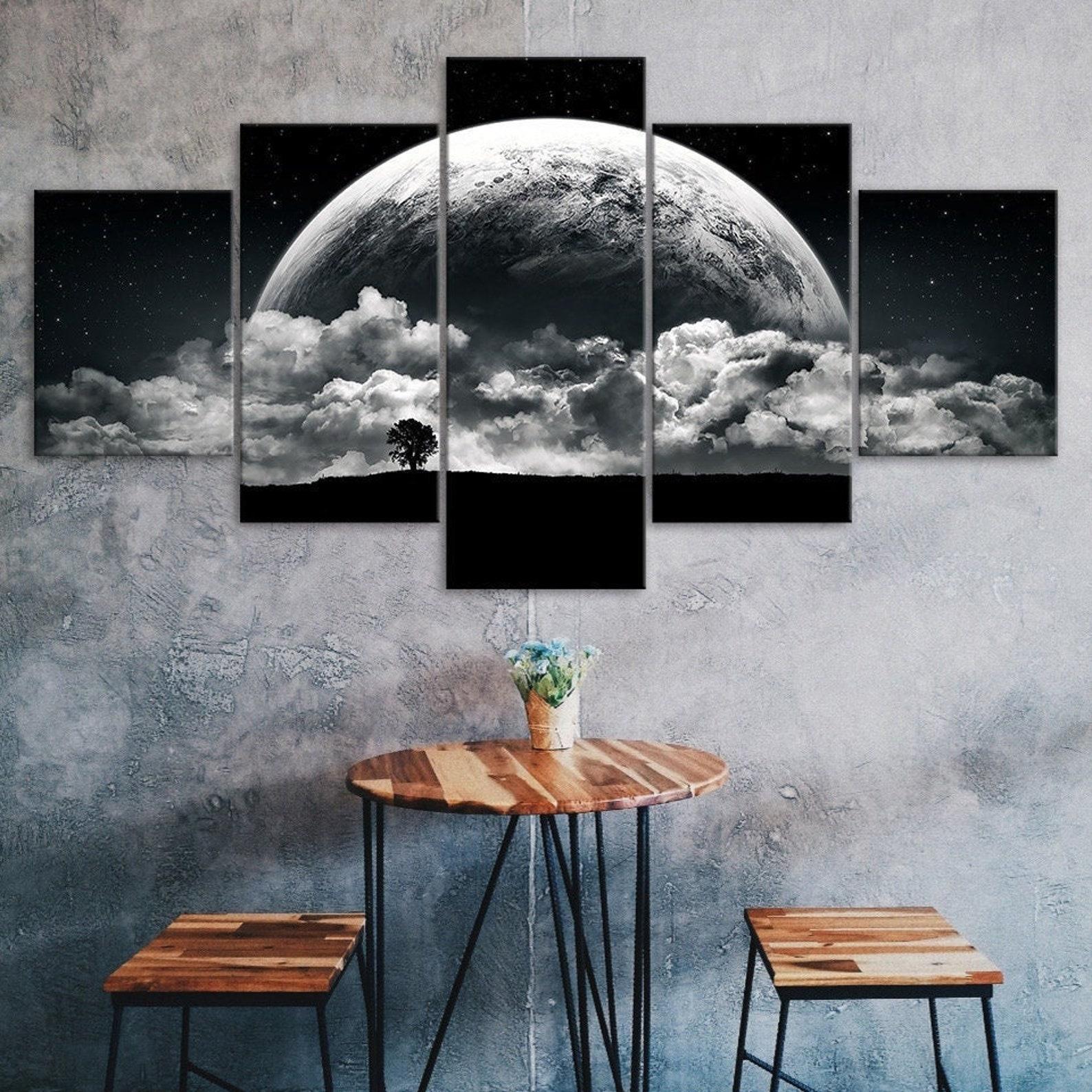 

Full Moon Mystic Nighttime Clouds Tree Scenery 5 Piece Five Panel Wall Canvas Print Modern Art Poster Home Decor Gift For Him For Her 20X35 20X45 20X55CM