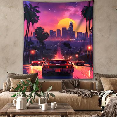Retro Synthwave La Sunset Sports Car Tapestry 80s Vaporwave Cityscape Wall Hanging Aesthetic Room Decor Suitable Offices Bars