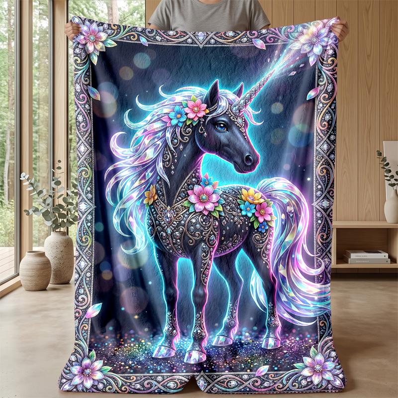 Elegant Black Unicorn Theme Blanket Lightweight Warm Flannel Blanket Decorative Throw Blanket for Home Decoration