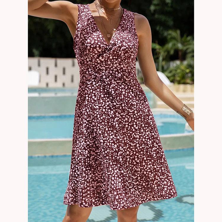 V-Neck Casual Floral Lace-up Vest Dress Loose Print Ladies Beach Summer Bohemian Dress Women