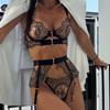 Transparent Floral Lace Lingerie Sets Women Bra Set 5 Pieces Suit See Through Underwear Garter Belt Thong Erotic Sets Babydoll
