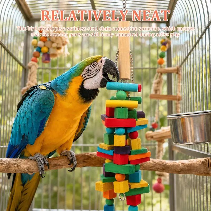 Parrot Toy Wooden Bird Chew Toy with Hook Multicolored Parrot Chewing Toy Birdcage Accessories Pet Supplies for Macaw Cockatoo