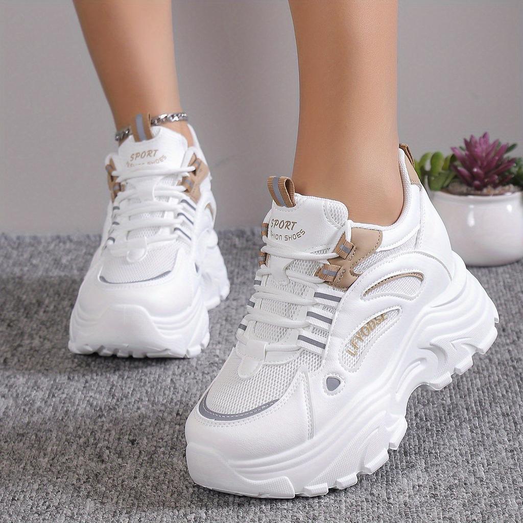 Versatile Comfy Mid-Top Solid Color Mesh Sneakers - Lace Up, Round Toe, Heightening Thick Rubber Sole, Breathable Fabric Upper