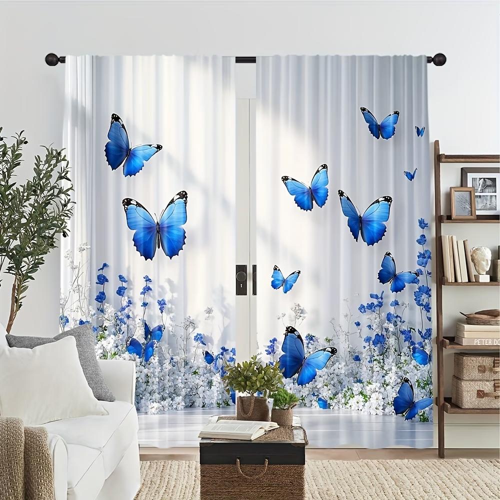 2PCS Digital Printed Curtains, White Blue Butterfly Floral, Fresh Pastoral Spring Style for Bedroom Living Room Home Decor