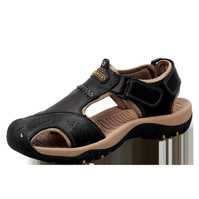 2026 New Men s Sandals Summer Breathable Outdoor Casual Shoes Beach Shoes Thick Bottom Cow Leather Men s Shoes 44 чёрный