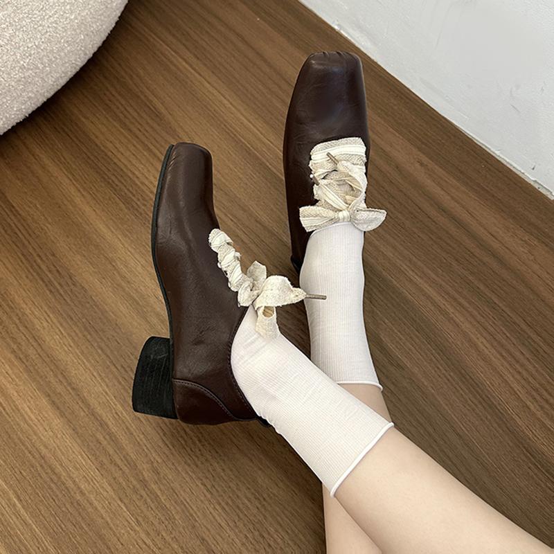 Fashion Autumn Vintage Lace Up Women Mary Jane Shoes Elegant Square Toe Party Dress Ladies Design Leather Pumps