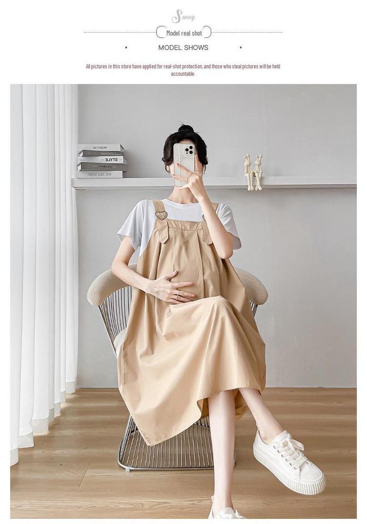 Korean Style Maternity Dress: 2026 Summer Patchwork Skirt, Faux Two-Piece Design
