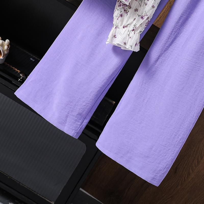 Girls' Outfit Children's Clothing New Autumn French Pastoral Floral Long Sleeve Top Casual Solid Color Long Pants