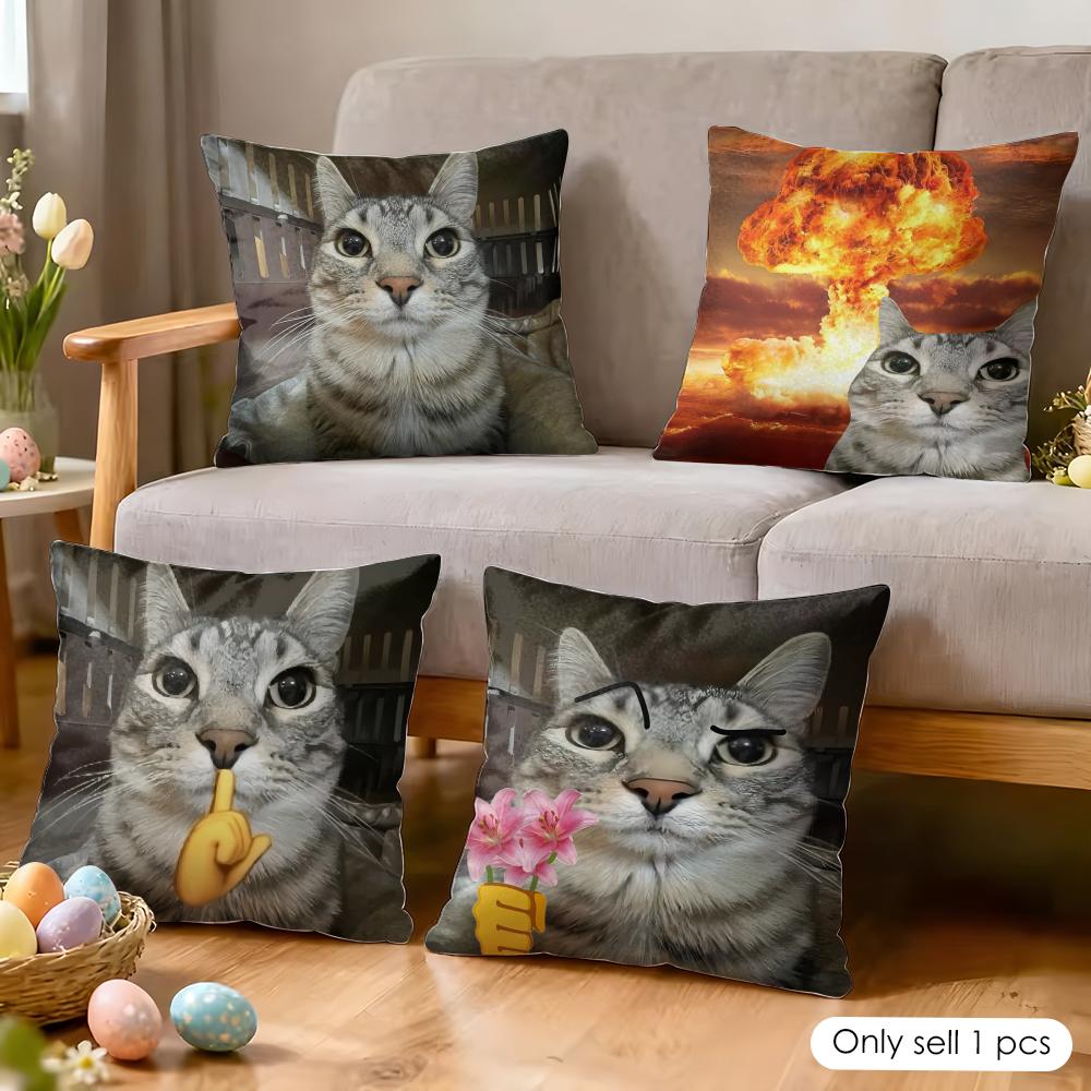 Speechless Cat Funny Cute Cushion Cover Silky Short Plush Invisible Zipper Dustproof Sofa Pillow Case For Home Decor