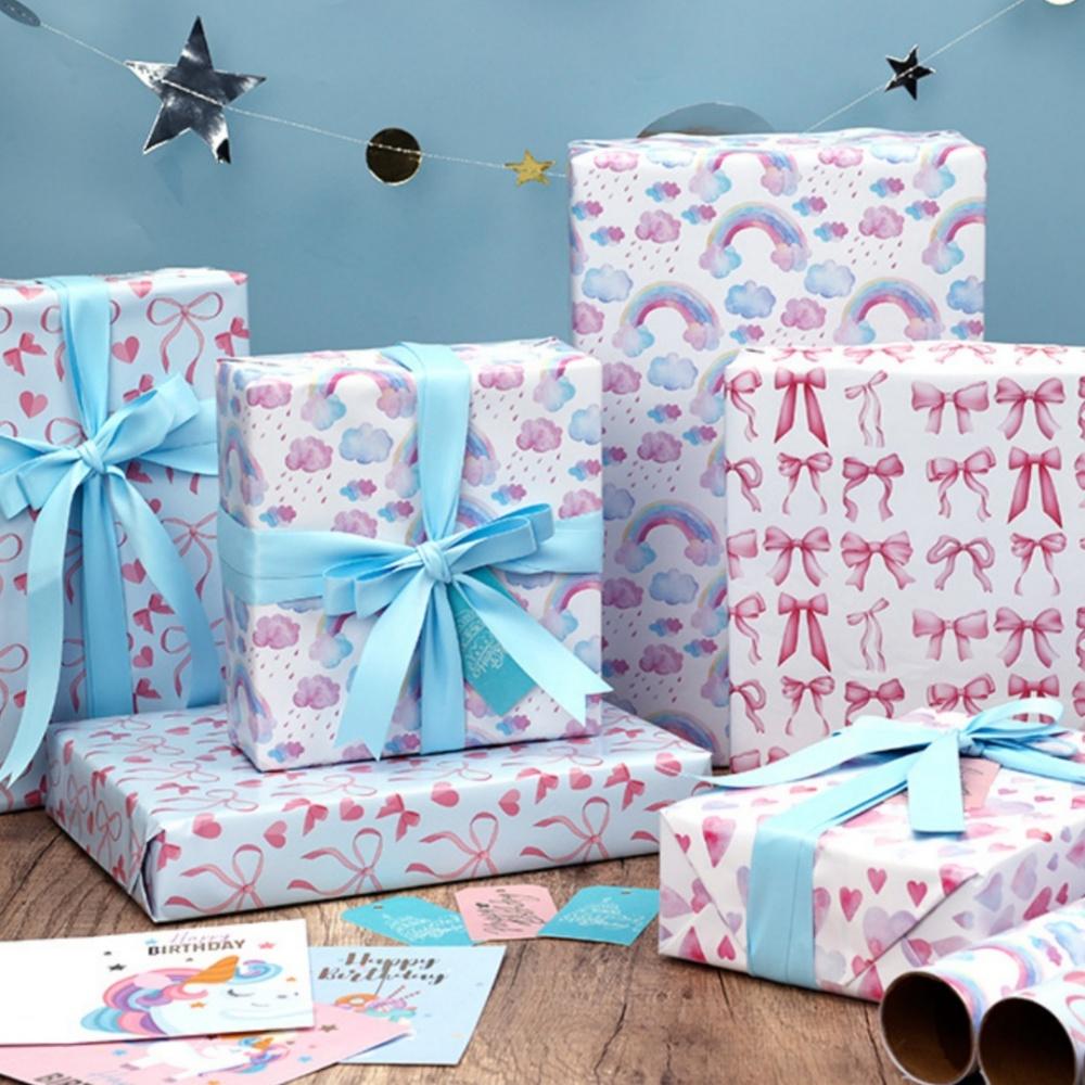 Pink Bow Pattern Paper Rainbow Watercolor Birthday Gift Wrap Diy Craft Paper Charming Christmas Gift Packaging For Christmas Diy